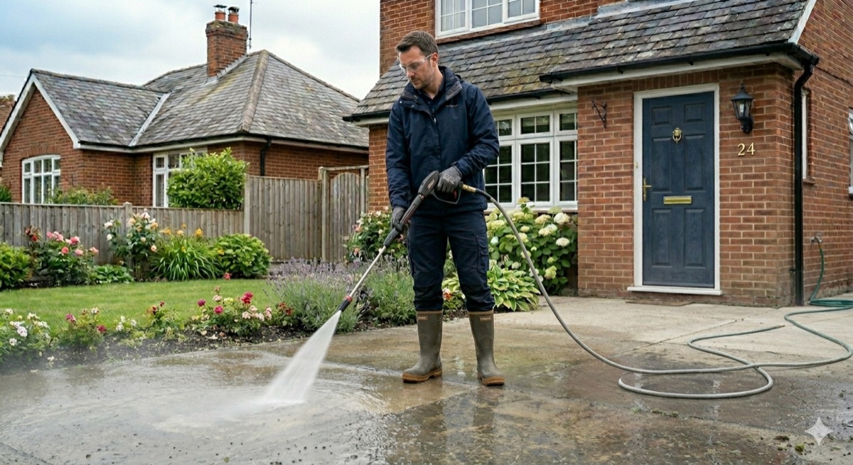 Driveway pressure washing being carried out at a home in Witham, Essex