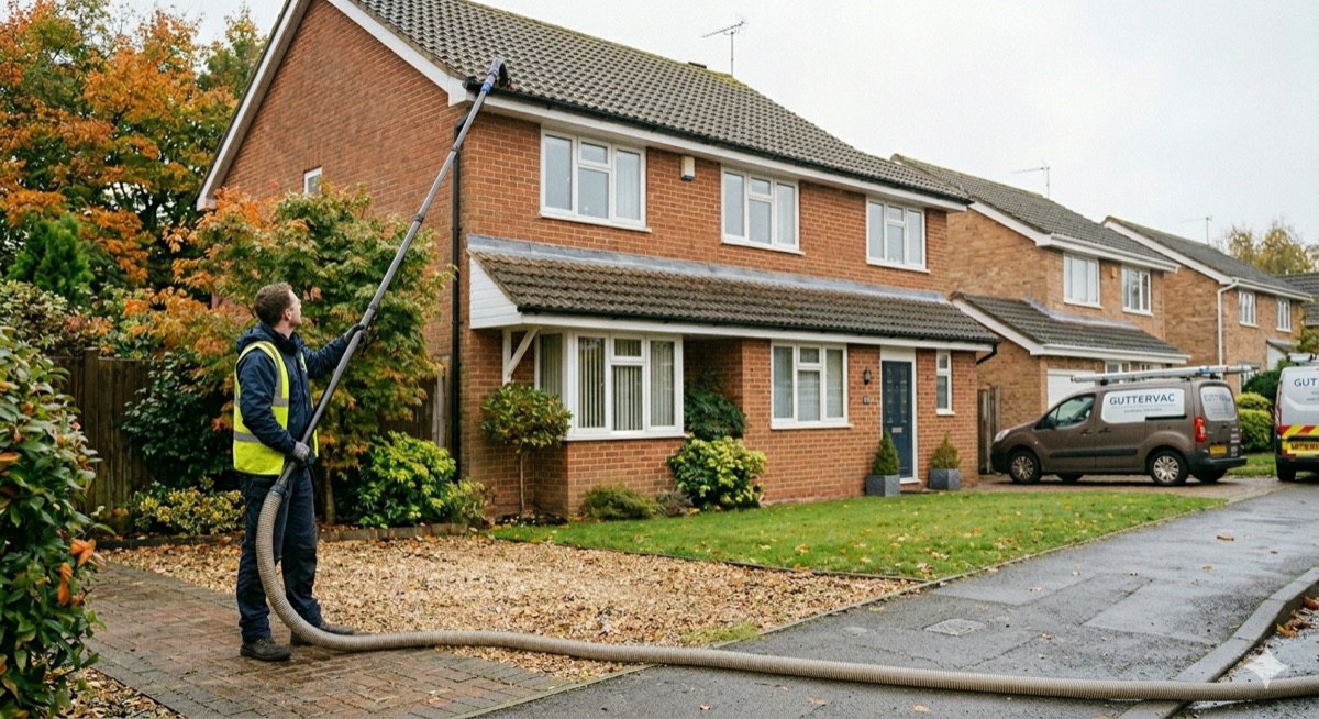 Gutter being cleared of leaves and debris on a house in Essex