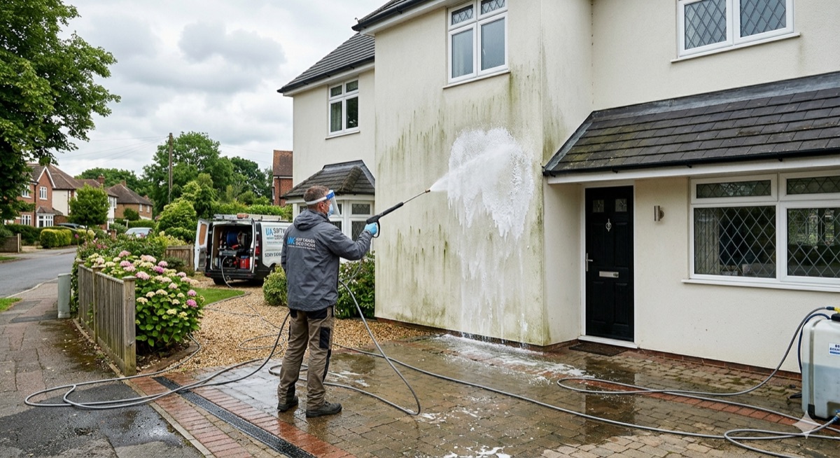 Softwash render cleaning being carried out on a house in Maldon, Essex