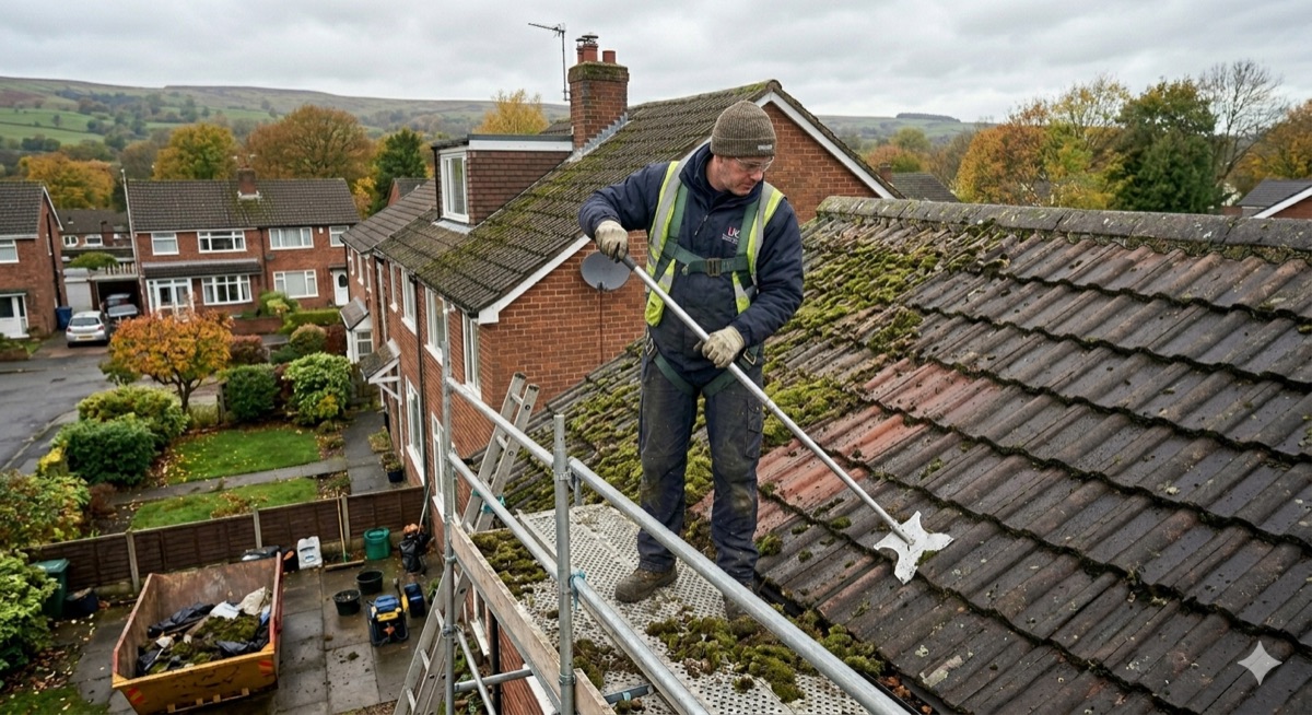 Roof cleaning and moss removal being carried out on a house in Braintree, Essex